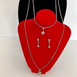 2pc. Silver tone/Long and Short Layered Rhinestone Necklace and Clip Earring set